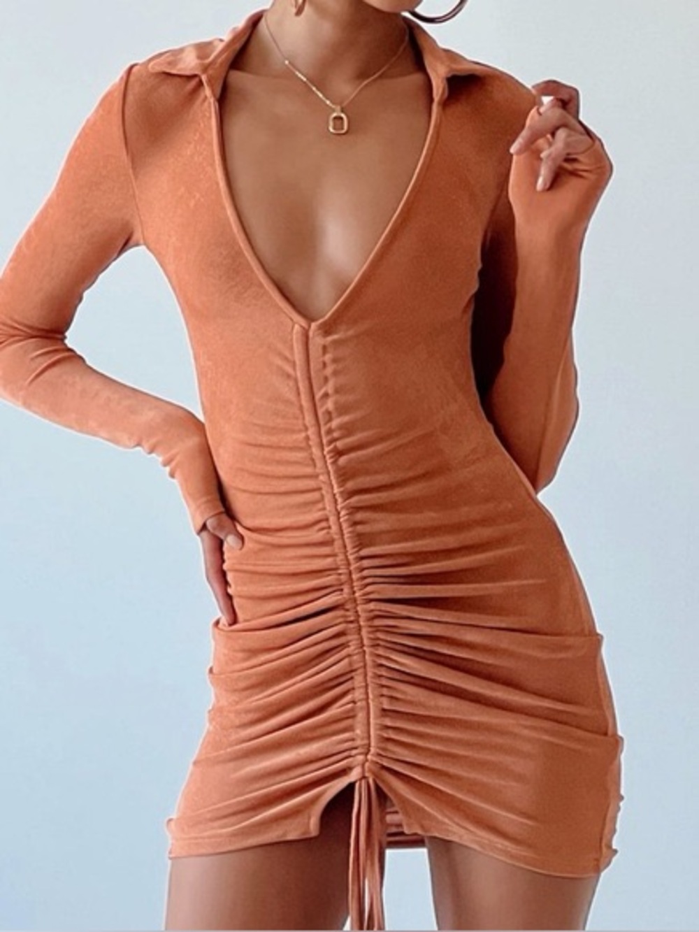 Princess Polly Ruched Long-Sleeve V-Neck Dress in Rust 4